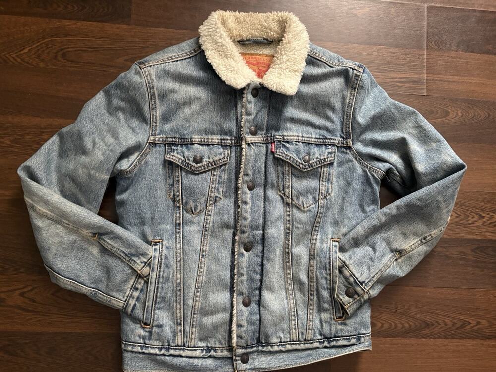 LEVI BLUE JEANS SHERPA LINED DENIM JACKET TRUCKER OR BIKER JACKET COAT MEN'S Sis